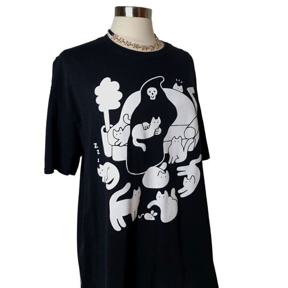 Grim Reaper Kitty T-Shirt 2XL Black White Printed Tee Hot Topic 2XL Unisex - Picture 2 of 7